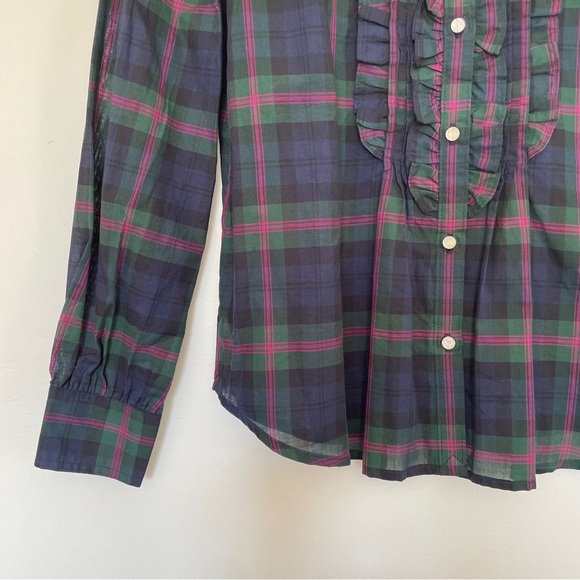 Ralph Lauren Girls Ruffle Navy Blue Plaid Long Sleeve Blouse Shirt 10 - Picture 4 of 9